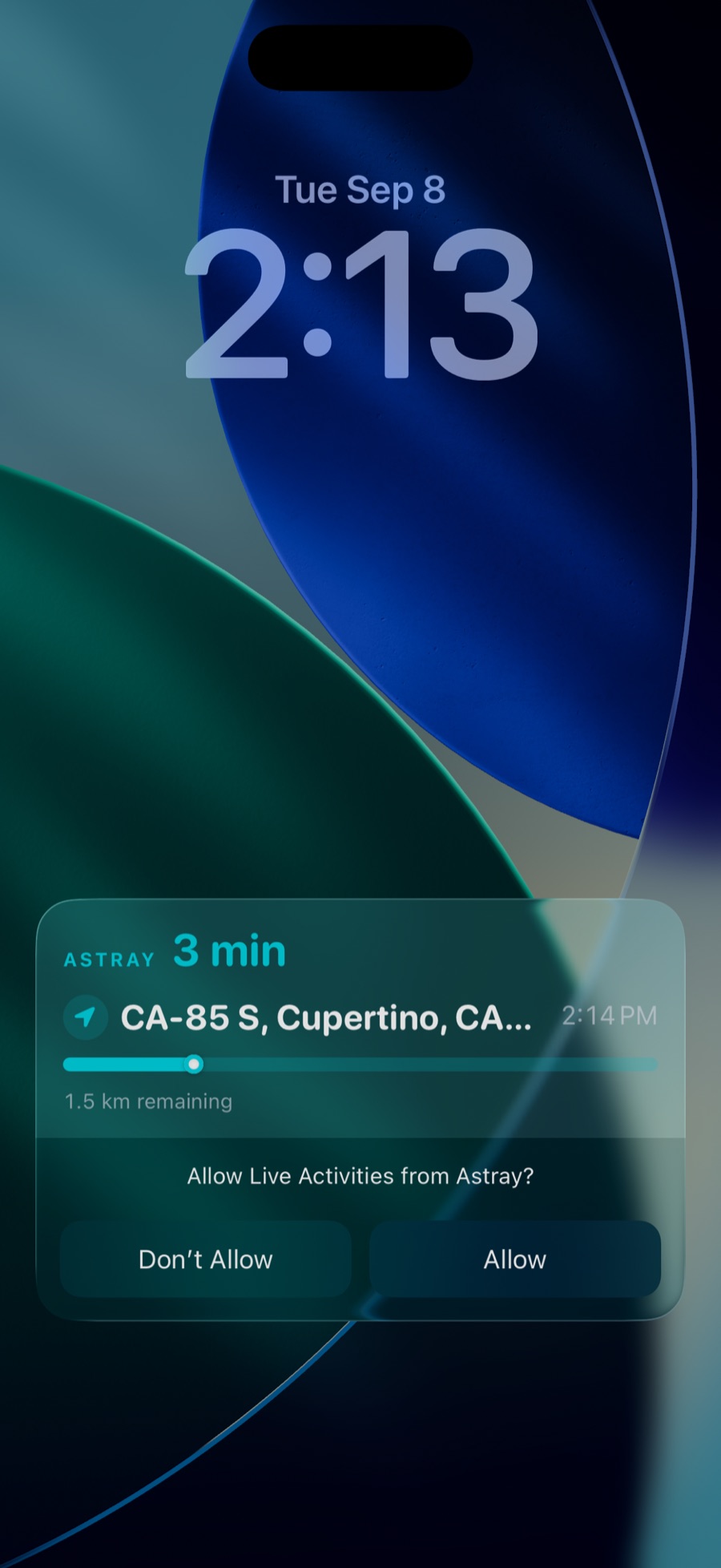 Astray Live Activity on the iPhone lock screen, showing minutes to arrival and the distance remaining